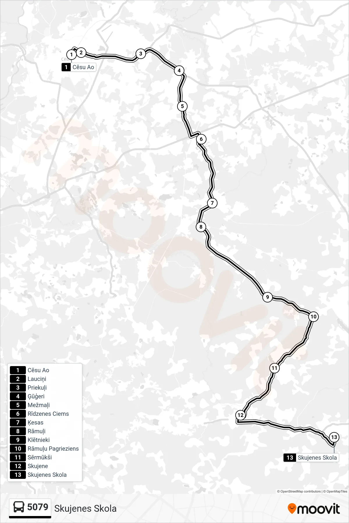5079 bus Line (Skujenes Skola) route and stops on a map