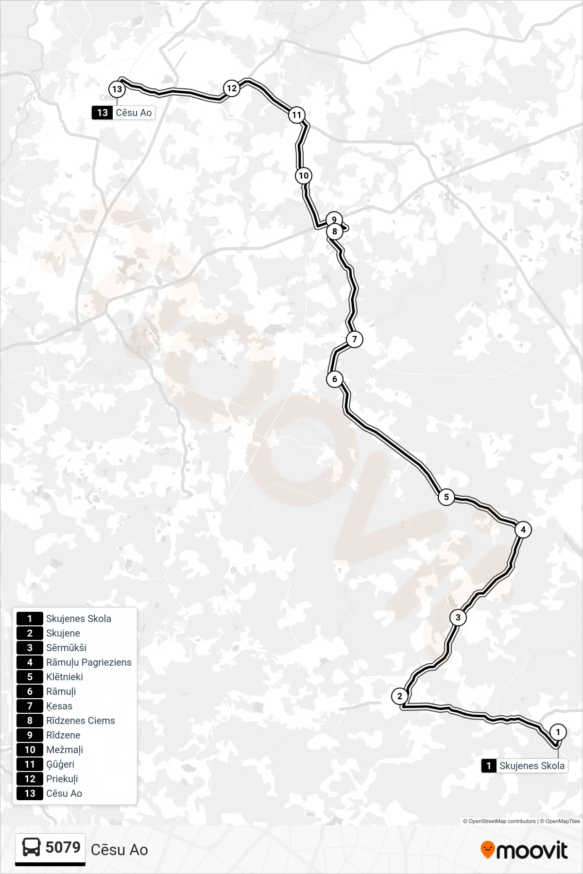 5079 bus Line (Cēsu Ao) route and stops on a map