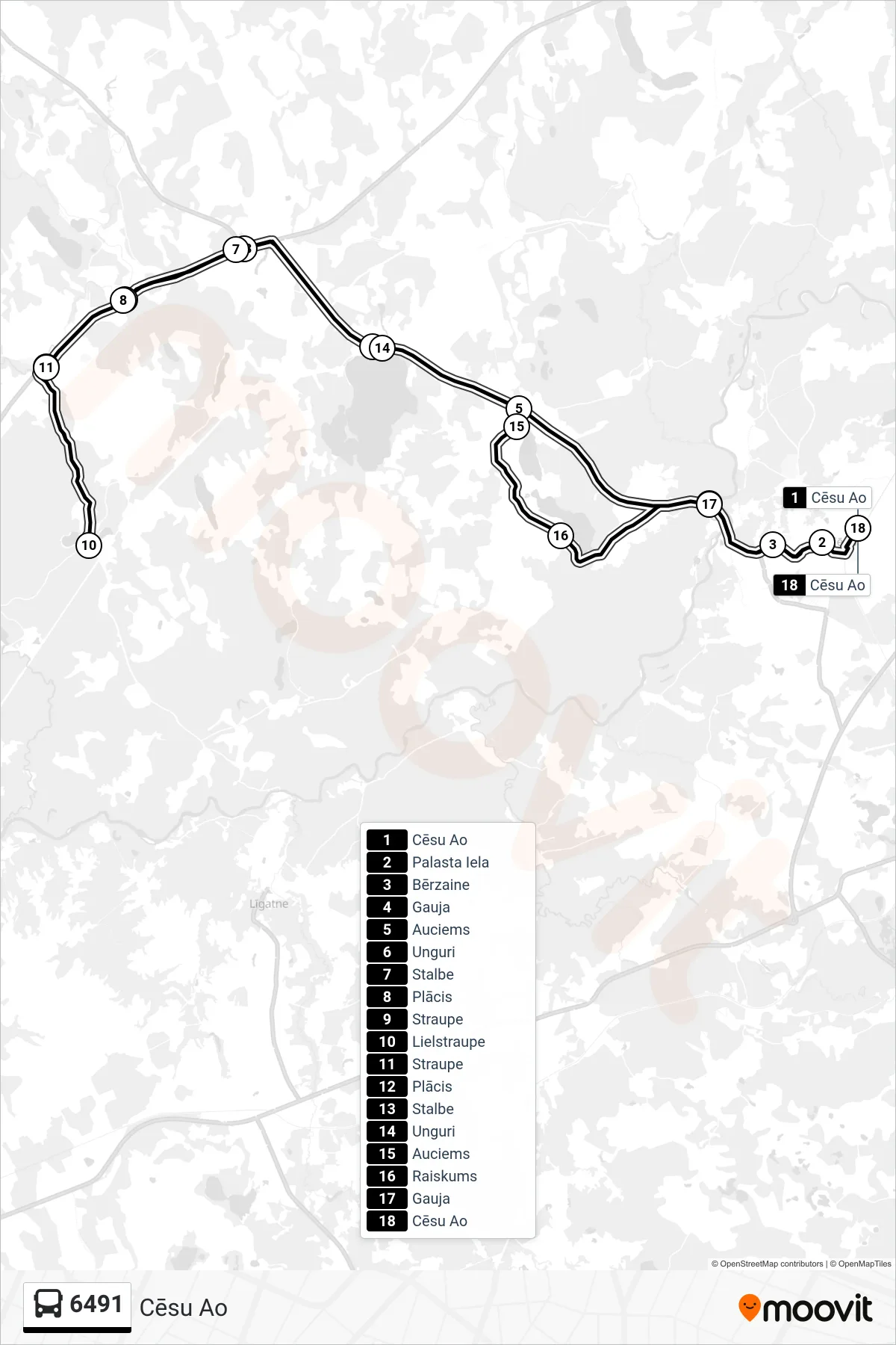 6491 bus Line (Cēsu Ao) route and stops on a map