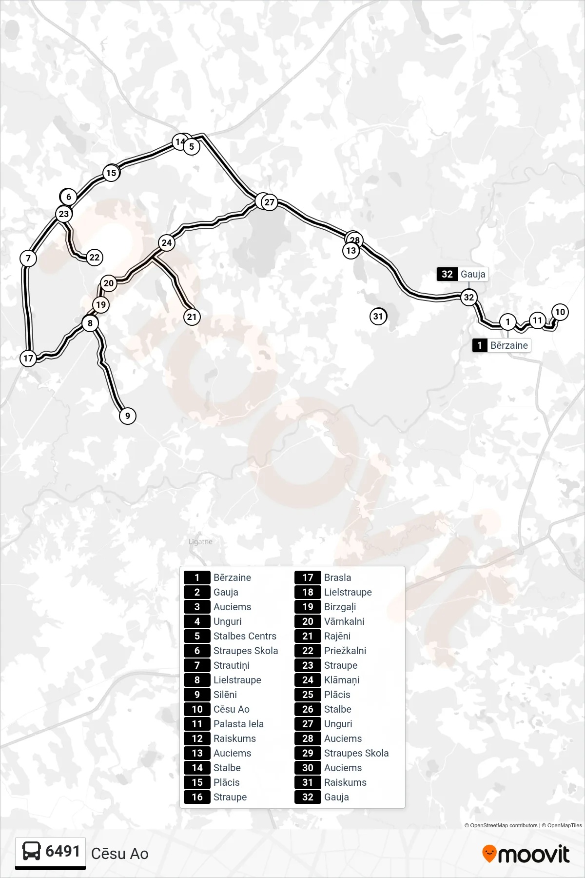 6491 bus Line (Cēsu Ao) route and stops on a map