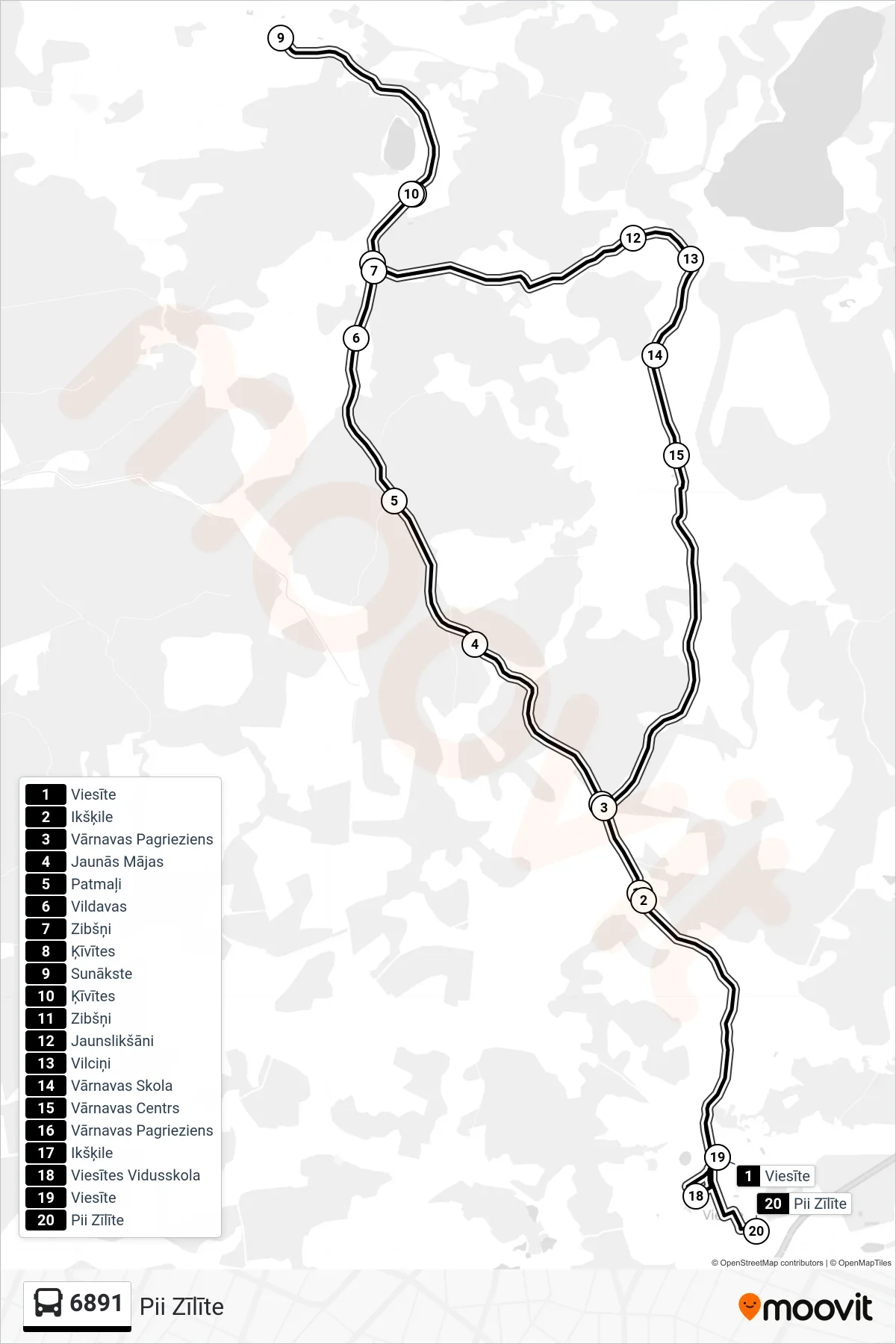 6891 bus Line (Pii Zīlīte) route and stops on a map