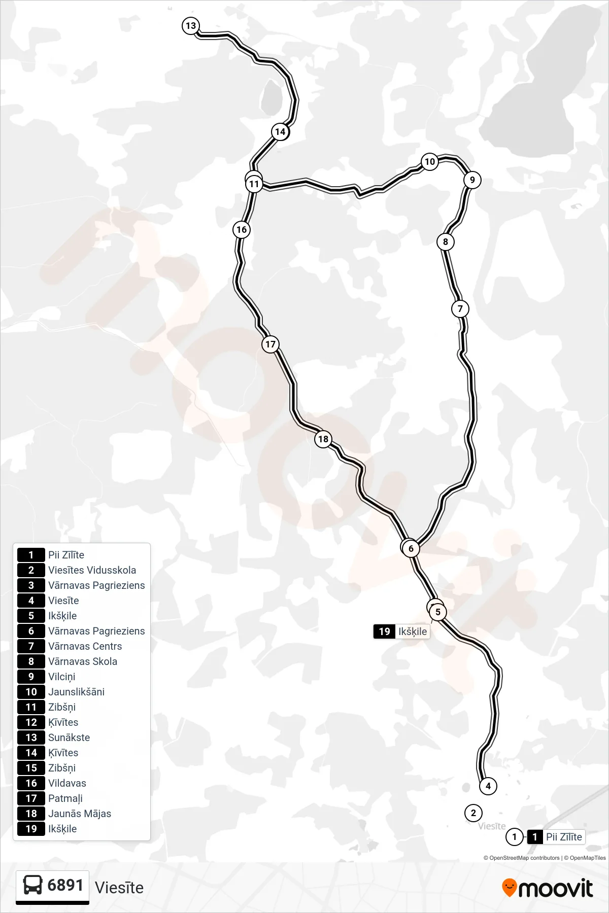 6891 bus Line (Viesīte) route and stops on a map