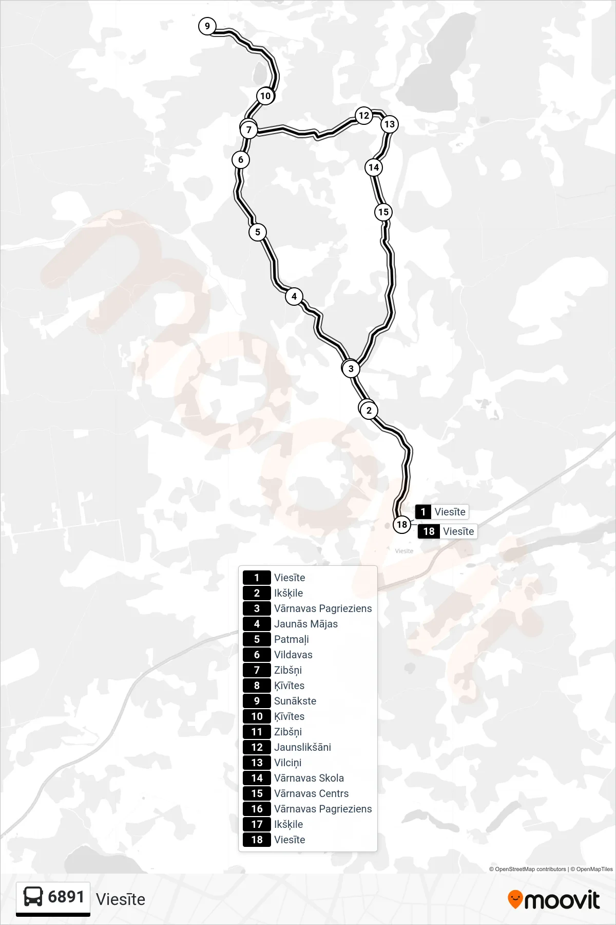 6891 bus Line (Viesīte) route and stops on a map