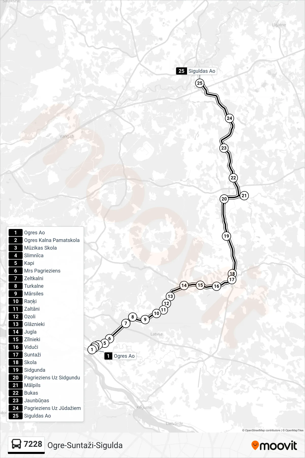 7228 bus Line (Siguldas Ao) route and stops on a map
