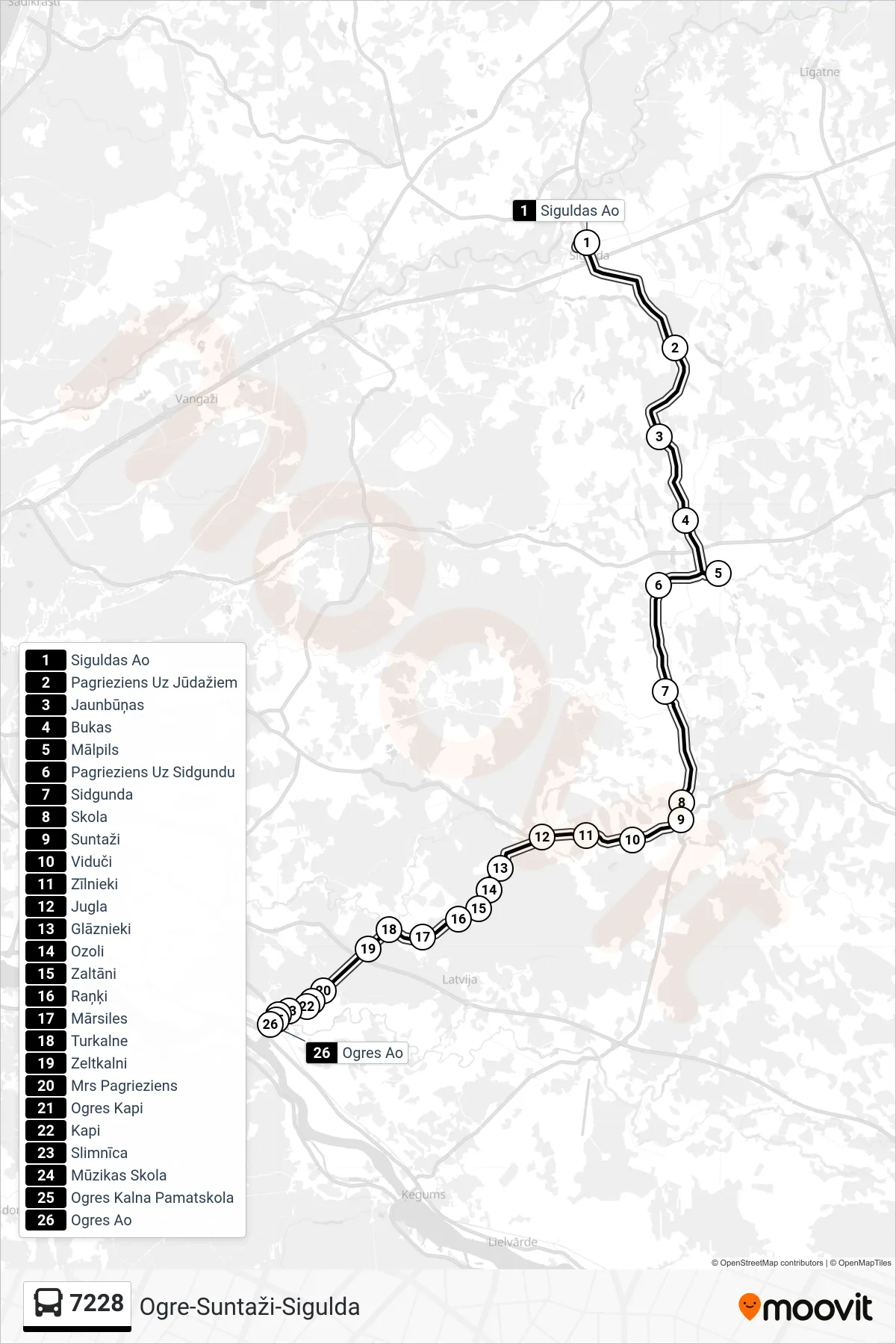 7228 bus Line (Ogres Ao) route and stops on a map