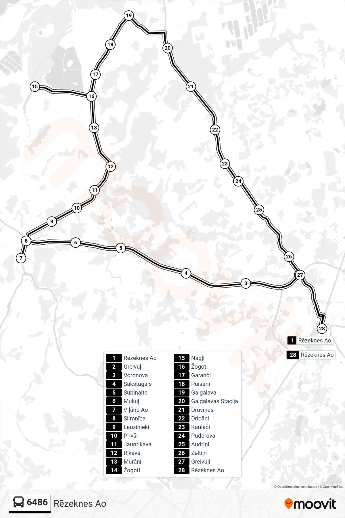 6486 bus Line (Rēzeknes Ao) route and stops on a map