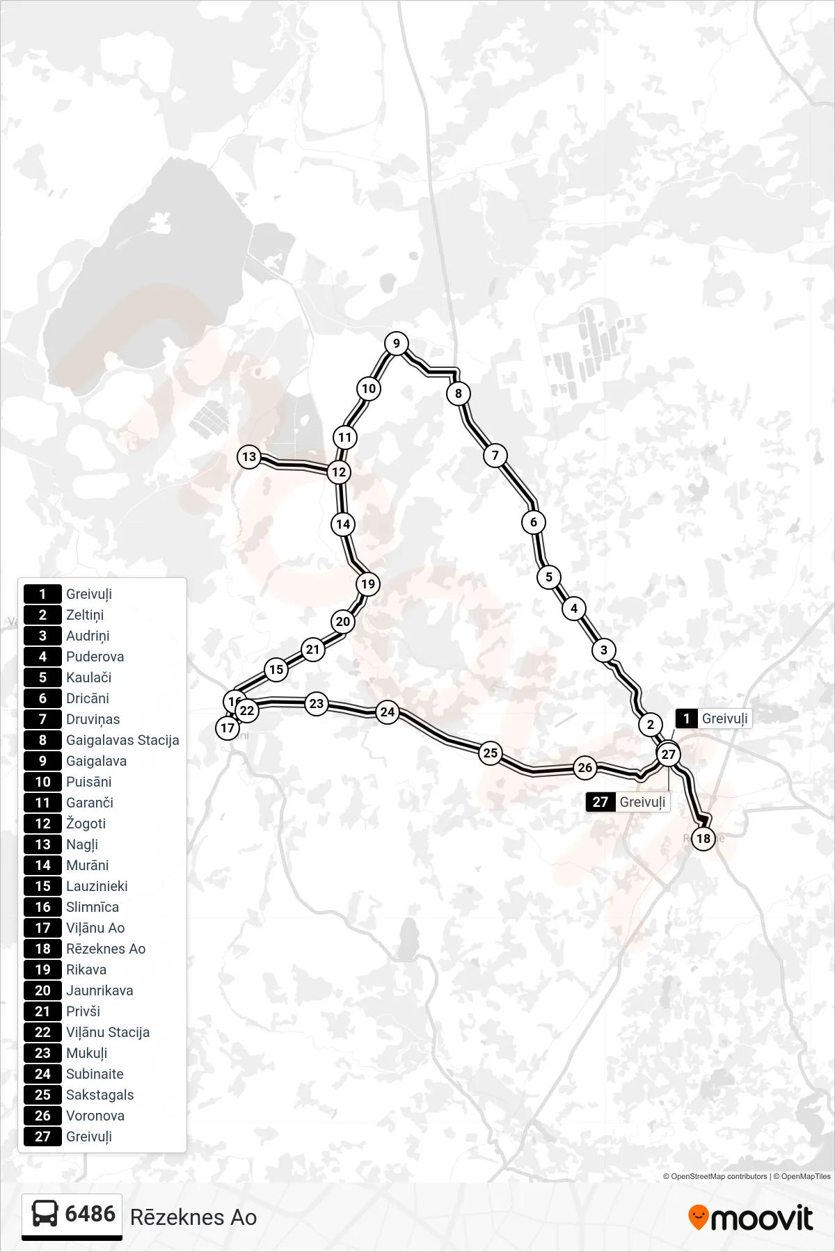6486 bus Line (Rēzeknes Ao) route and stops on a map