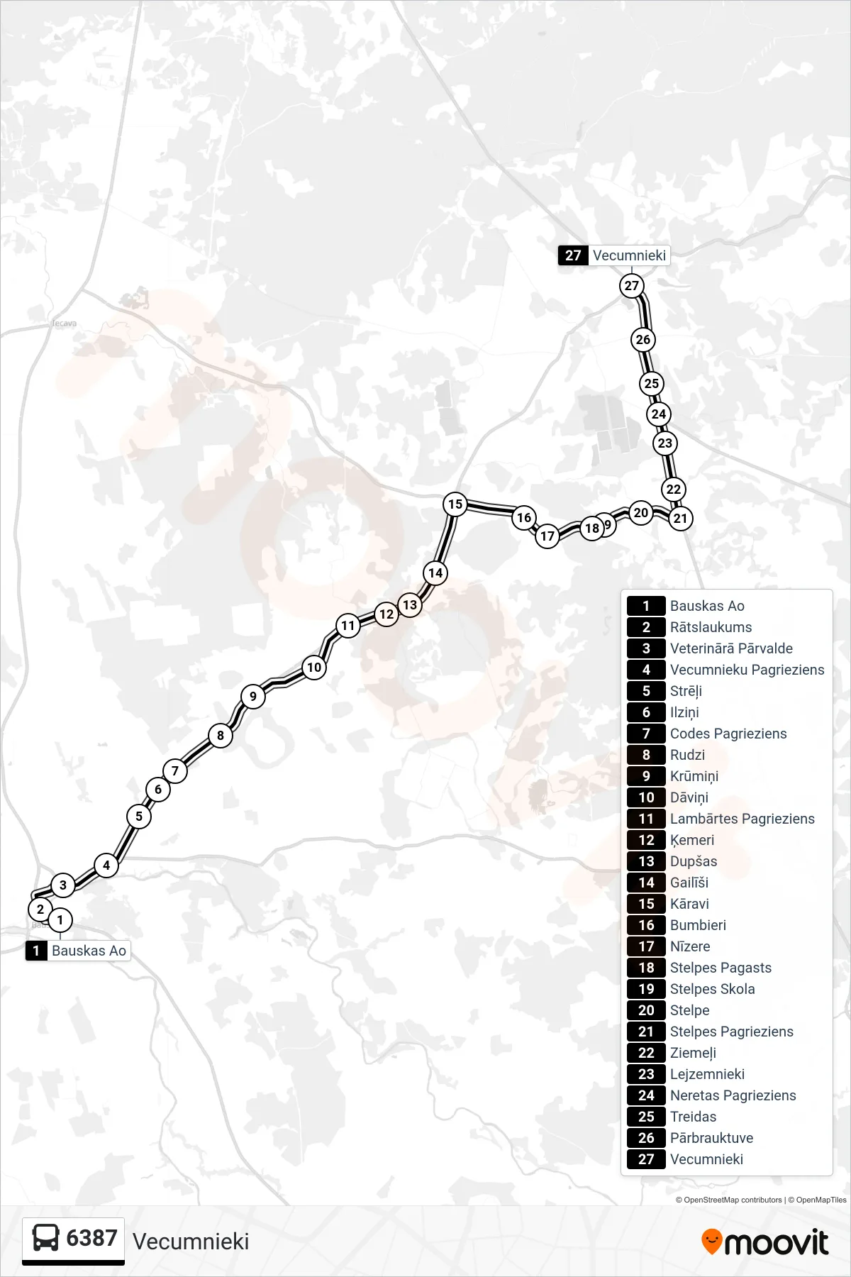 6387 bus Line (Vecumnieki) route and stops on a map