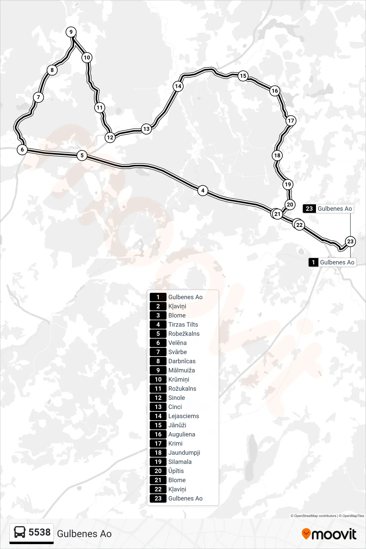 5538 bus Line (Gulbenes Ao) route and stops on a map