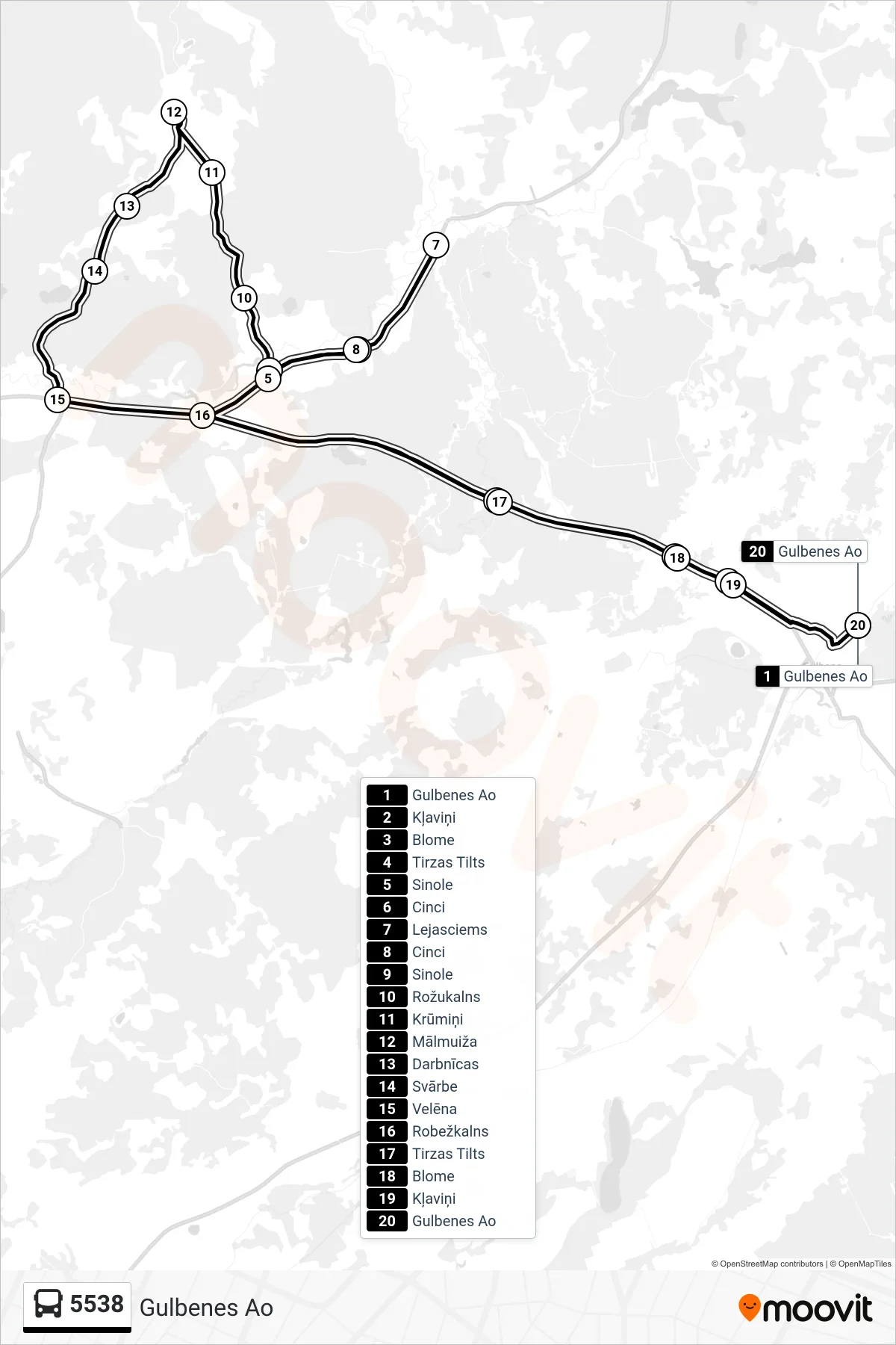5538 bus Line (Gulbenes Ao) route and stops on a map