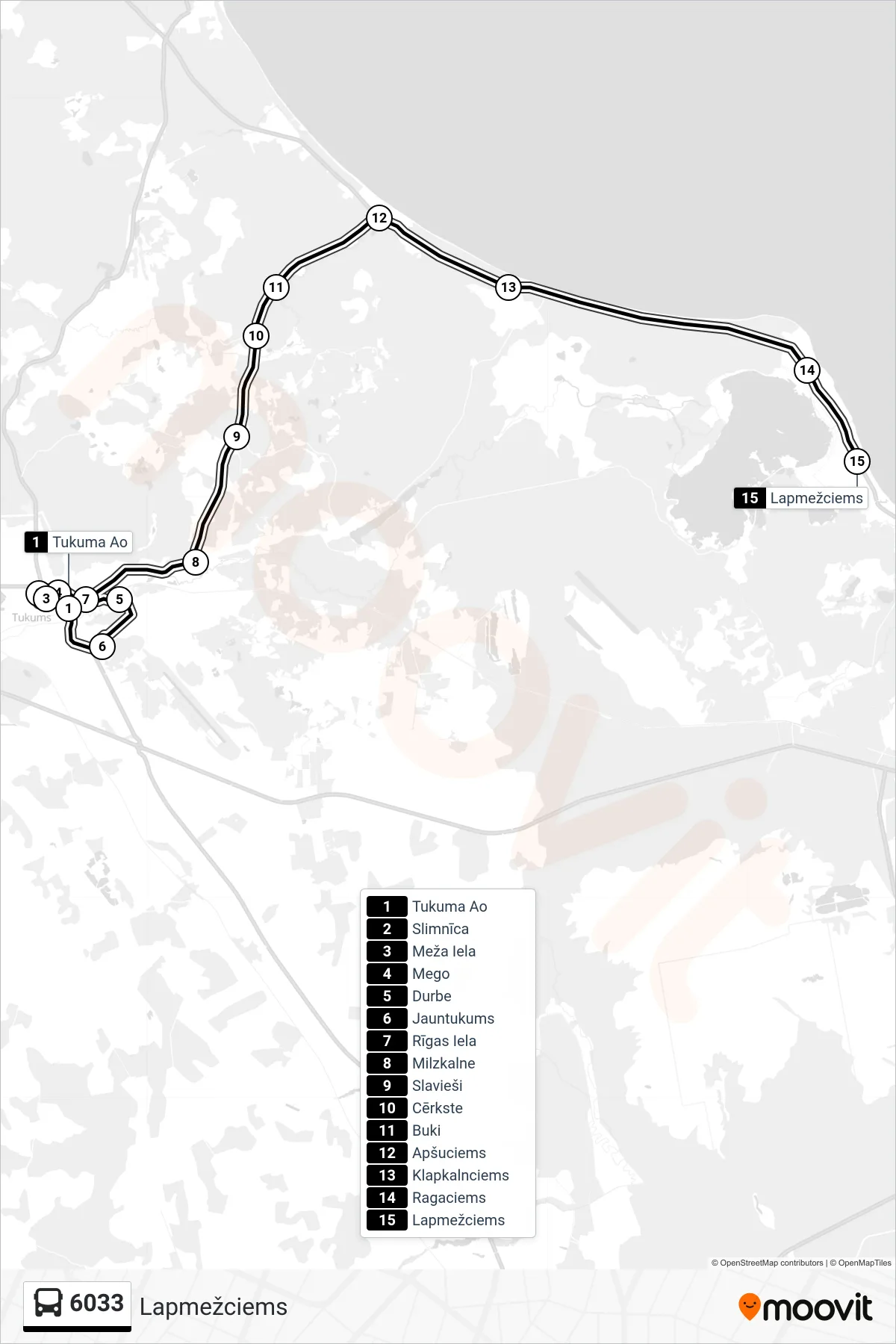 6033 bus Line (Lapmežciems) route and stops on a map