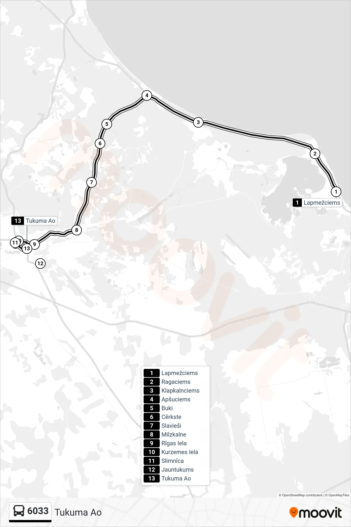 6033 bus Line (Tukuma Ao) route and stops on a map