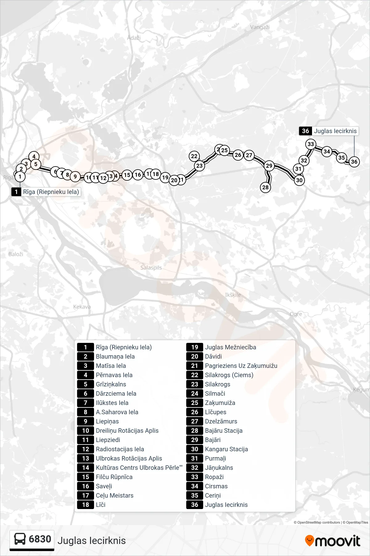 6830 bus Line (Juglas Iecirknis) route and stops on a map