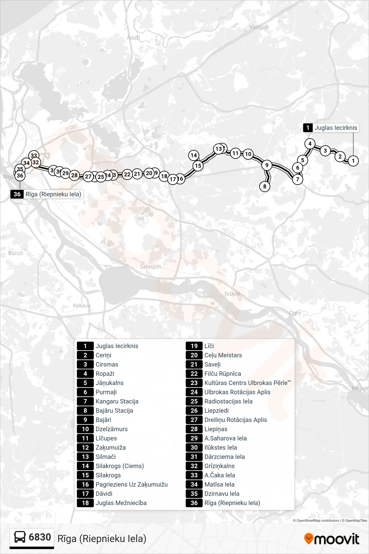 6830 bus Line (Rīga (Riepnieku Iela)) route and stops on a map
