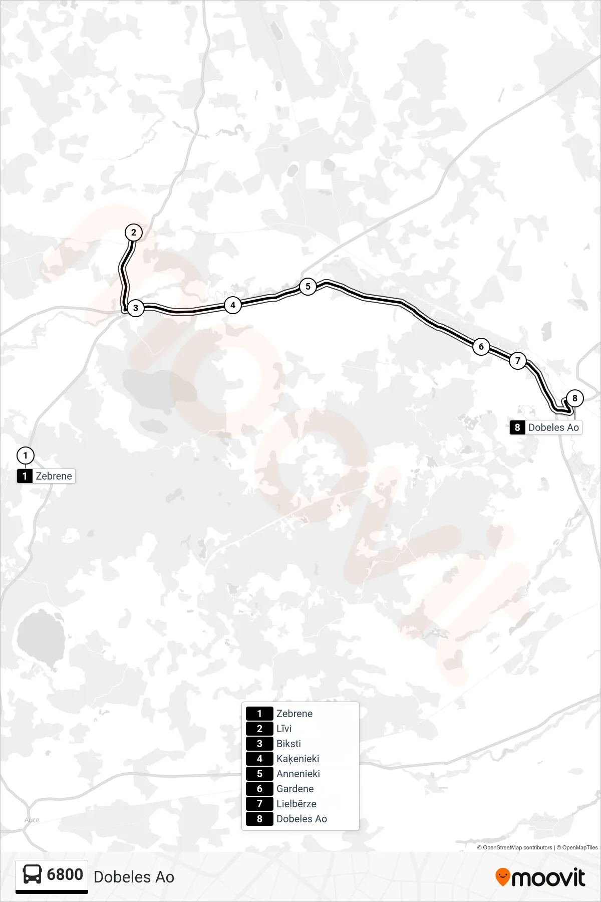 6800 bus Line (Dobeles Ao) route and stops on a map