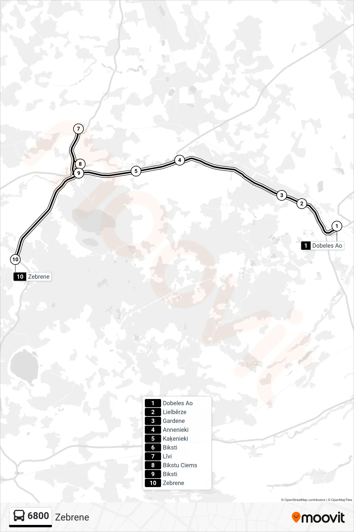 6800 bus Line (Zebrene) route and stops on a map