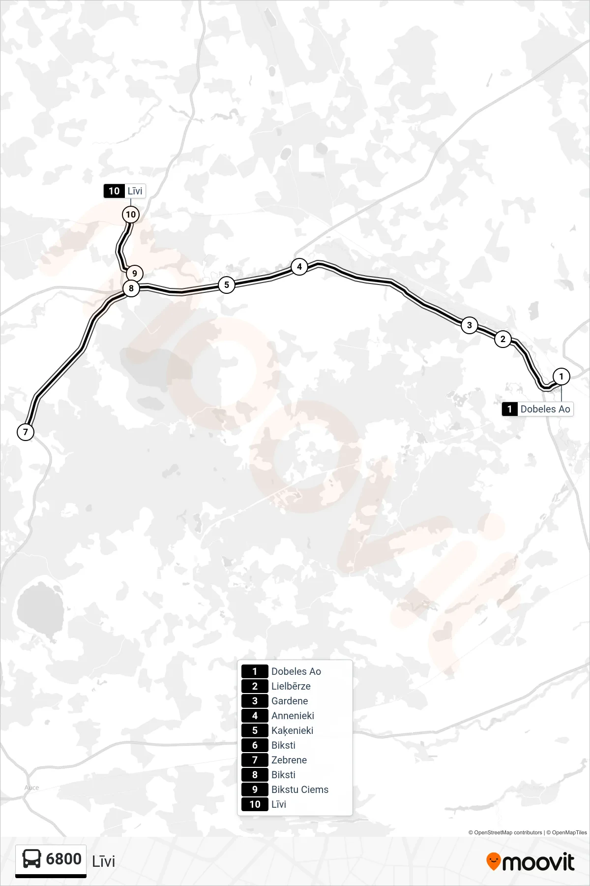 6800 bus Line (Līvi) route and stops on a map