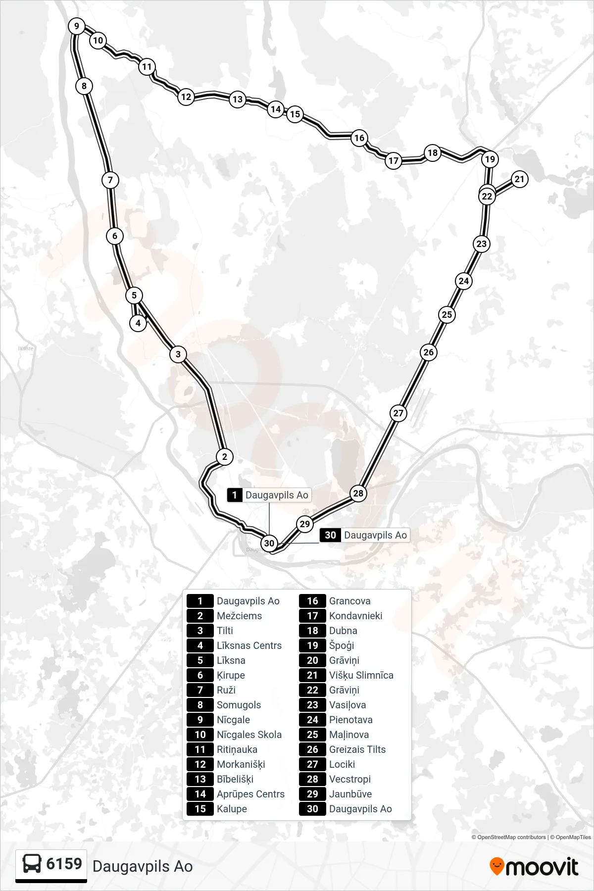 6159 bus Line (Daugavpils Ao) route and stops on a map