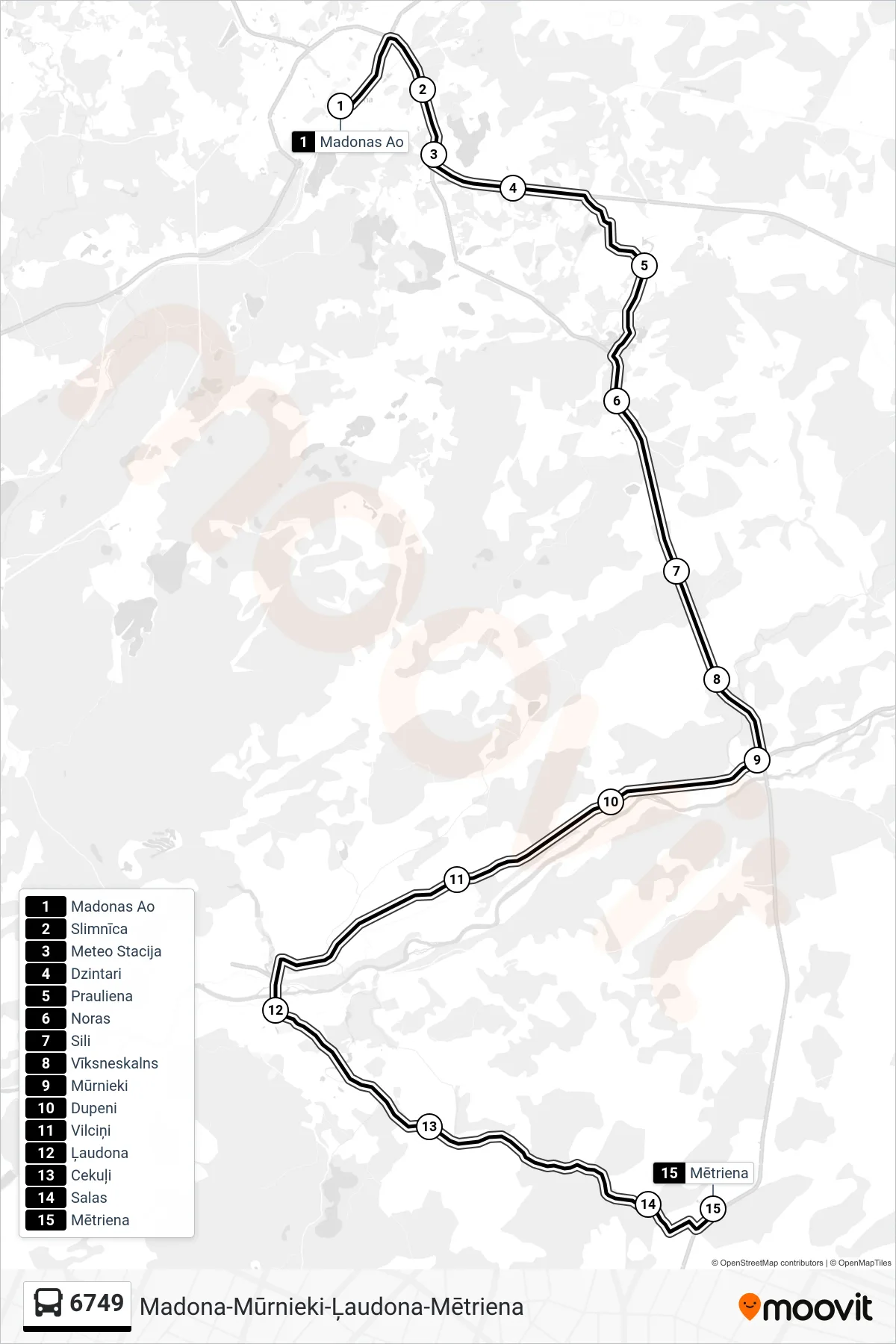 6749 bus Line (Mētriena) route and stops on a map