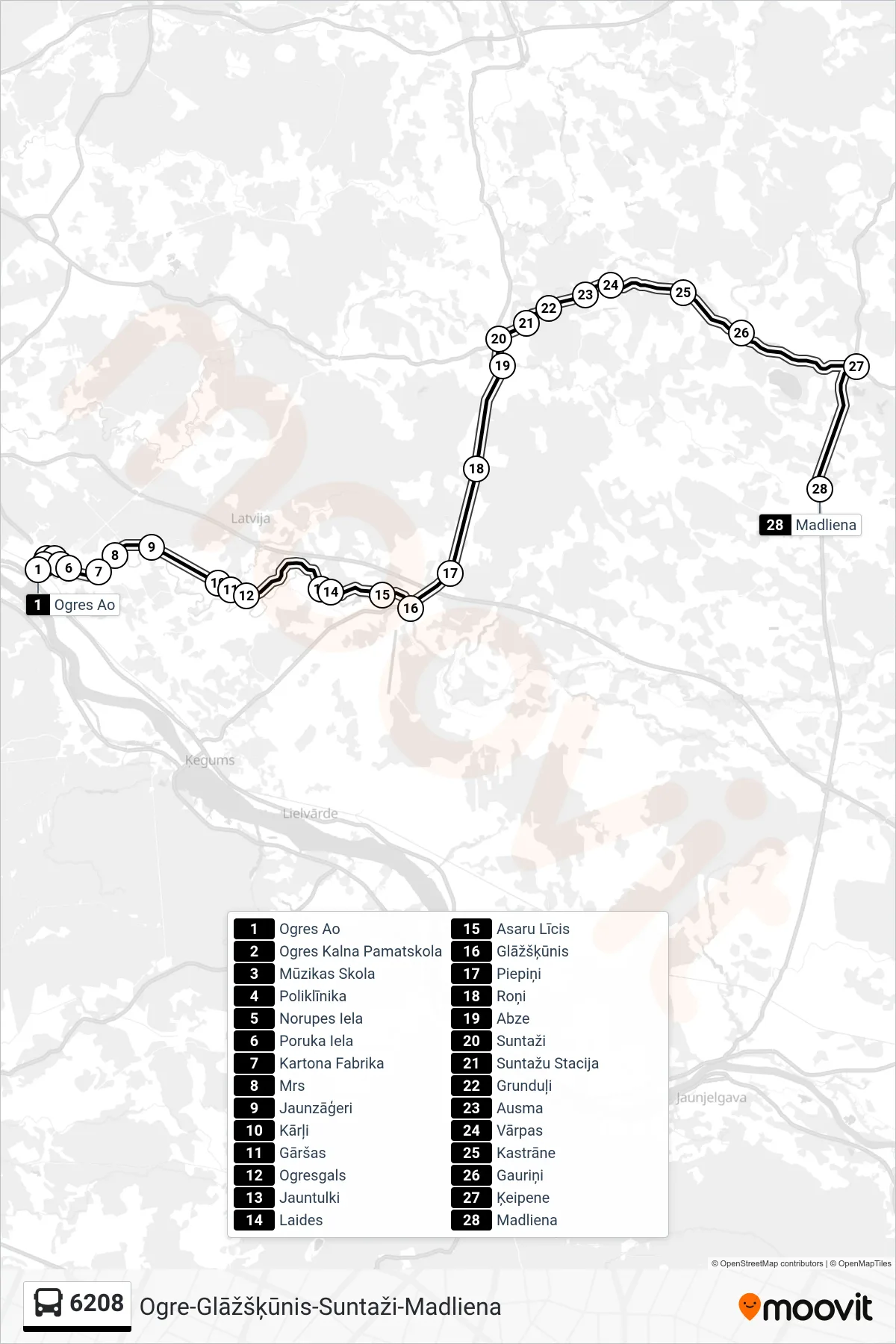 6208 bus Line (Madliena) route and stops on a map