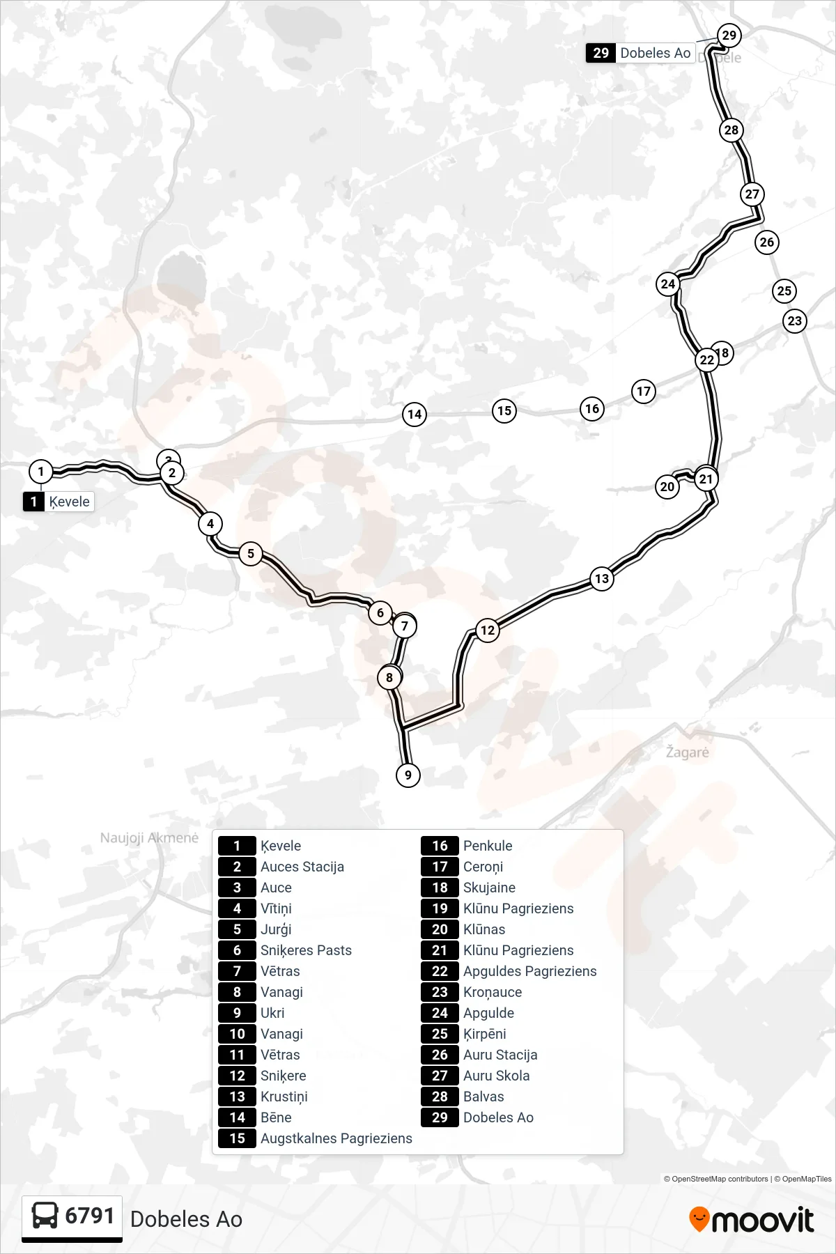 6791 bus Line (Dobeles Ao) route and stops on a map