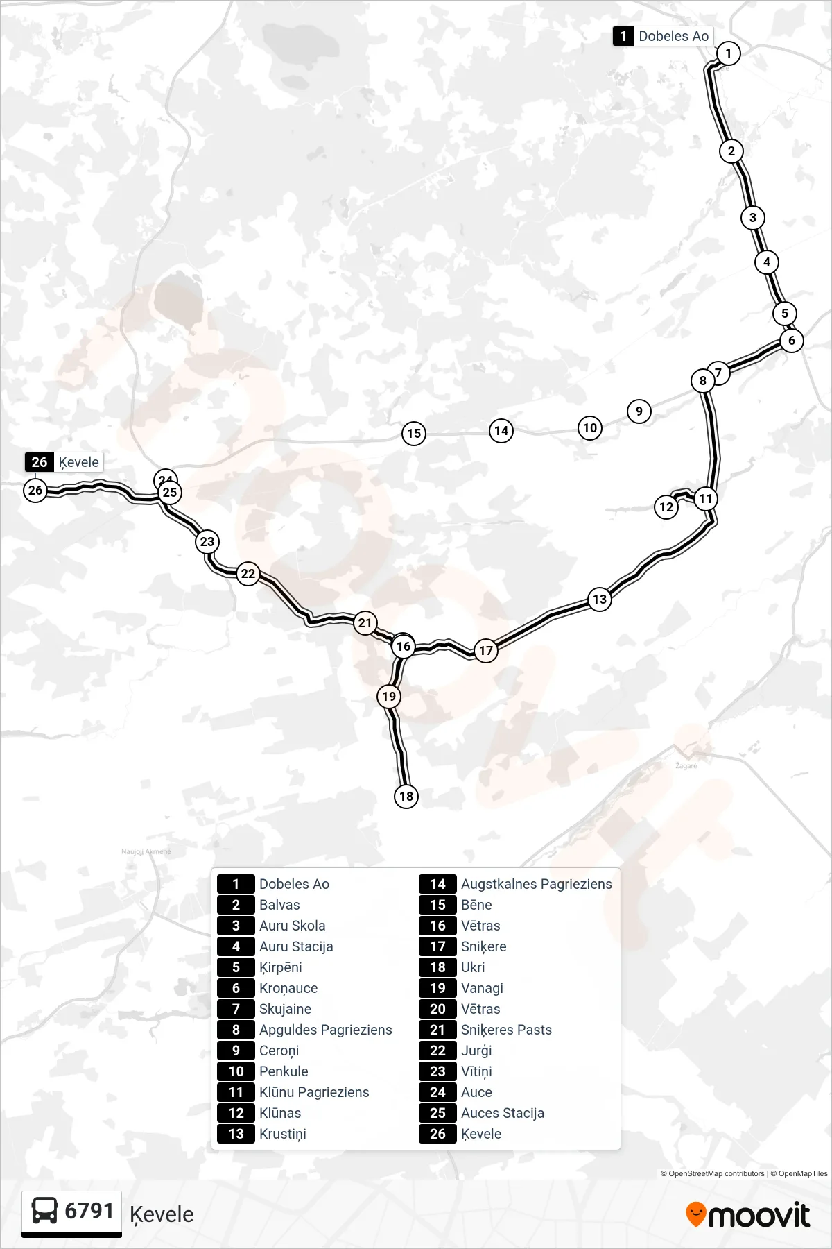 6791 bus Line (Ķevele) route and stops on a map