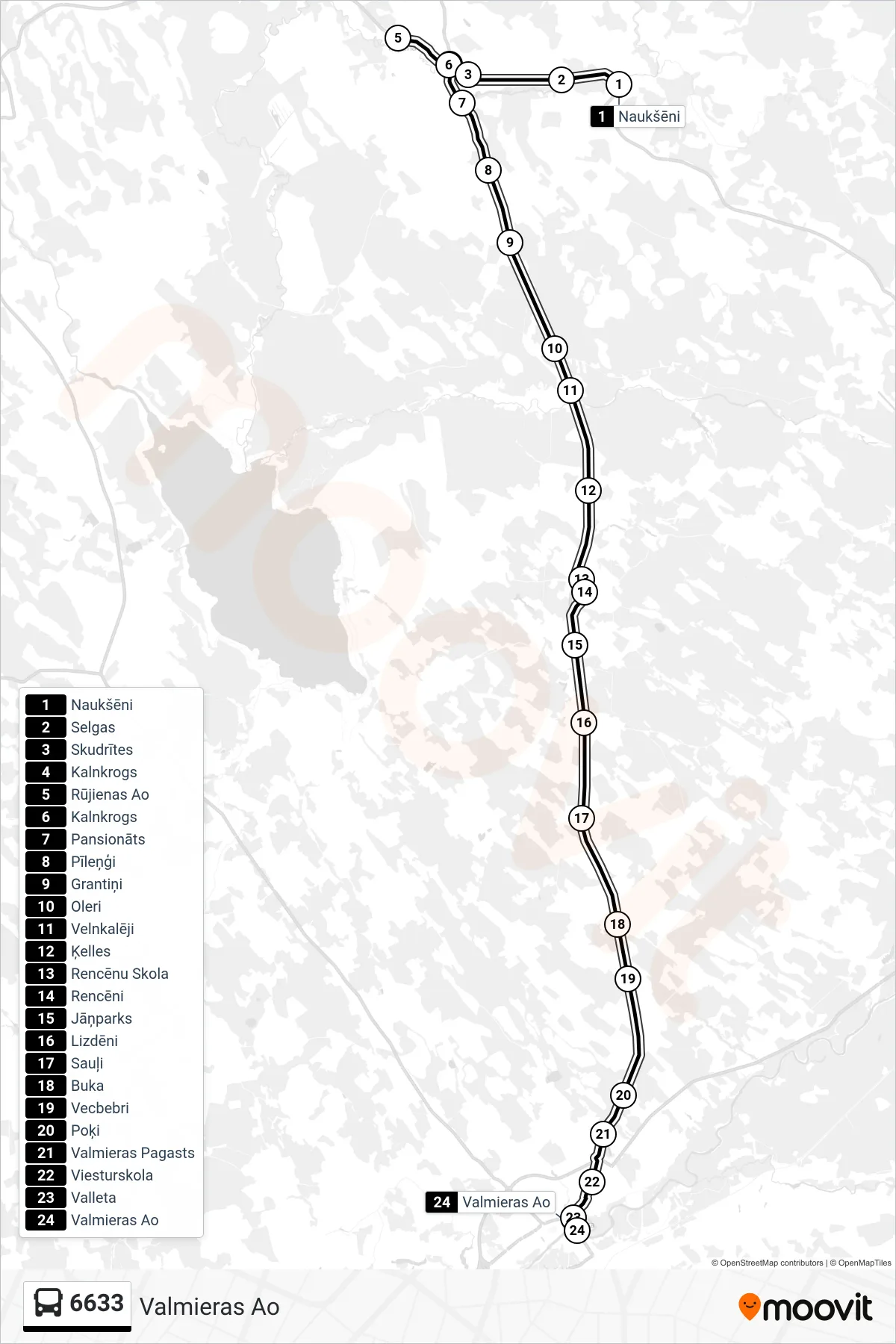 6633 bus Line (Valmieras Ao) route and stops on a map