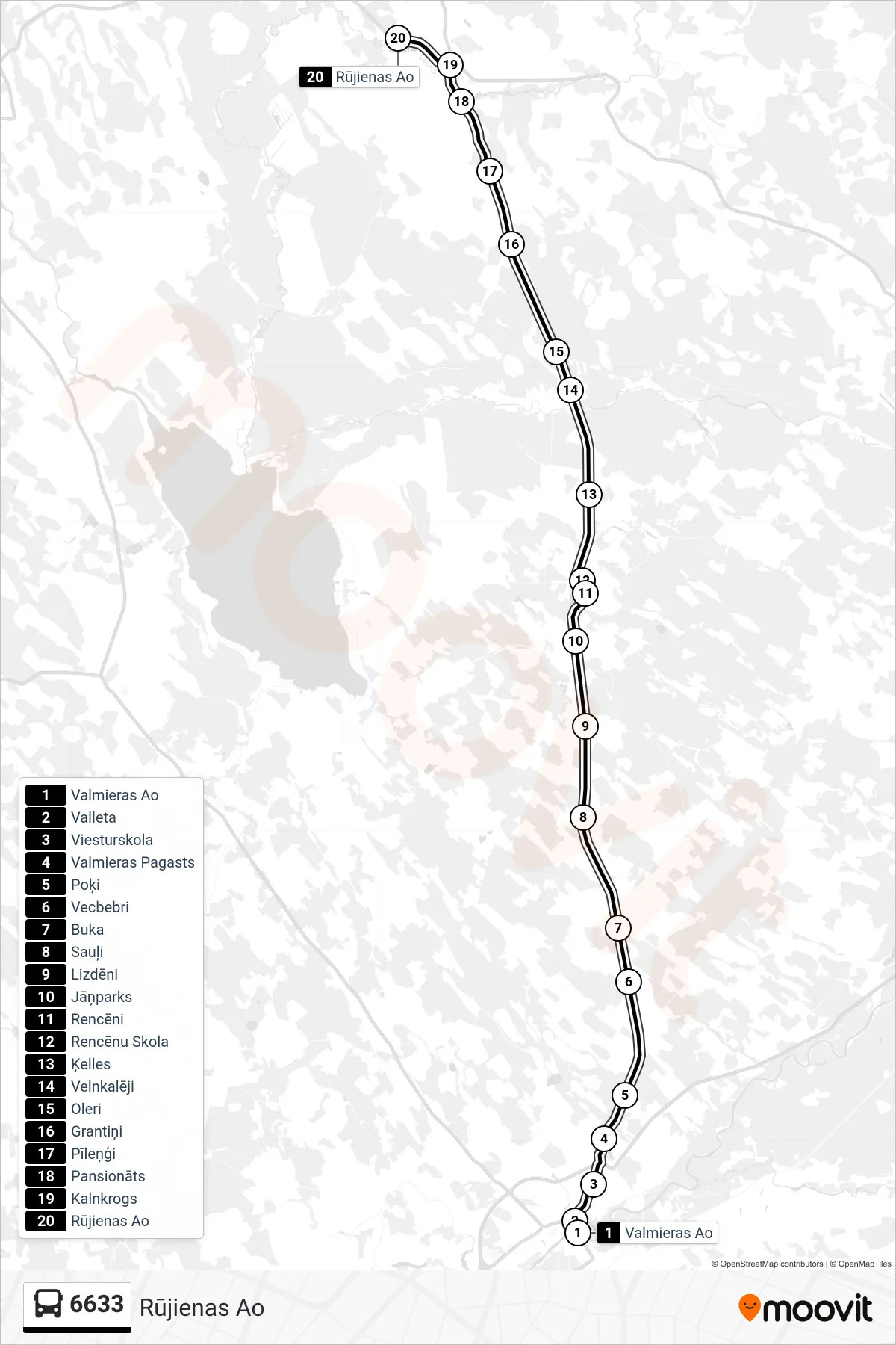 6633 bus Line (Rūjienas Ao) route and stops on a map