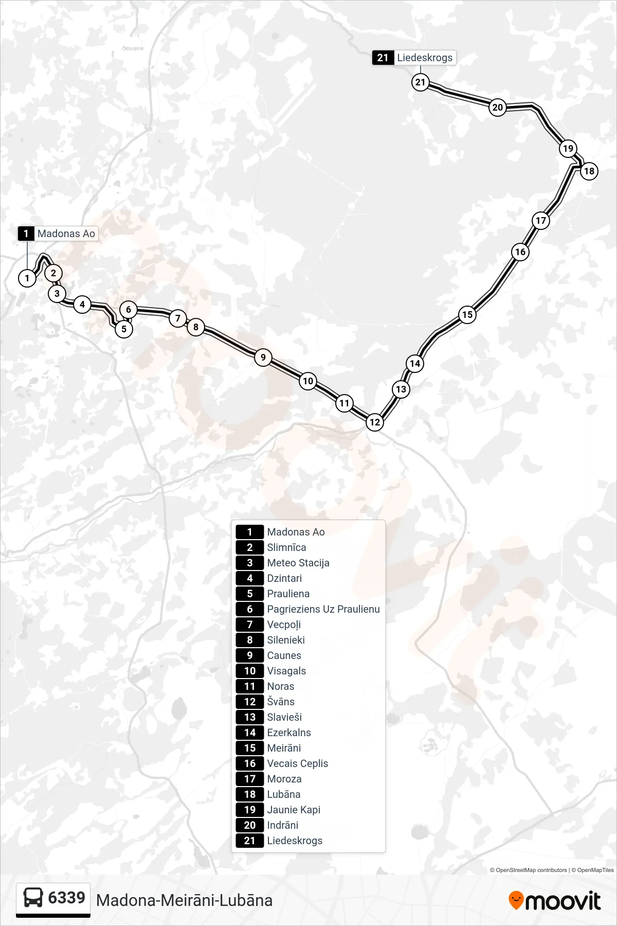 6339 bus Line (Liedeskrogs) route and stops on a map