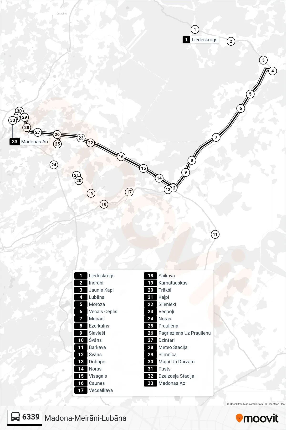 6339 bus Line (Madonas Ao) route and stops on a map
