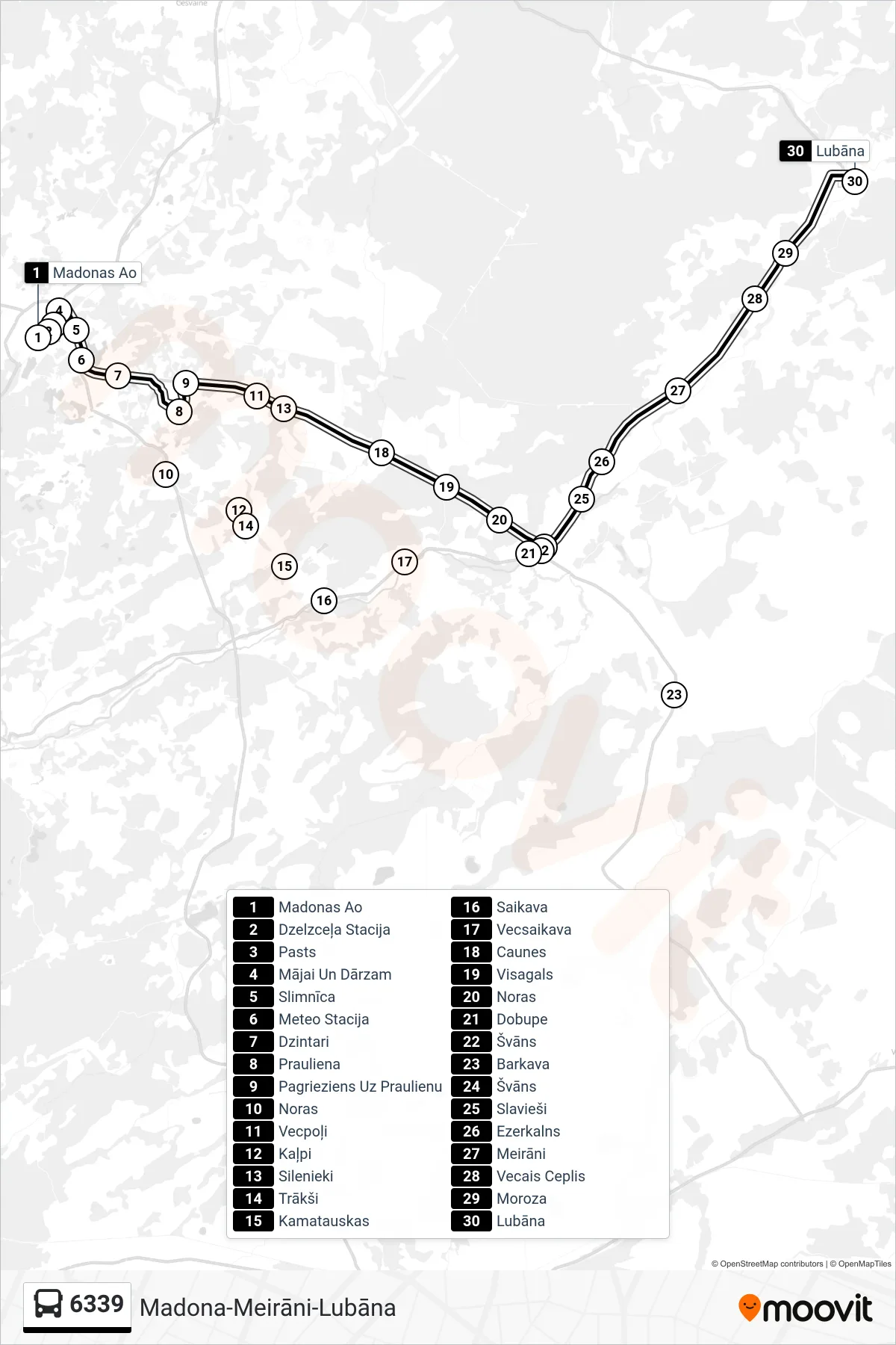 6339 bus Line (Lubāna) route and stops on a map