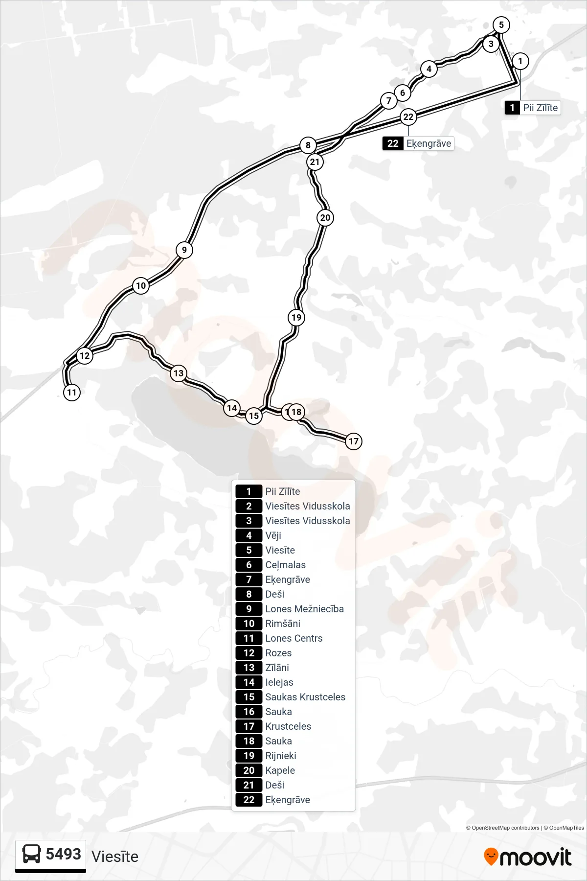 5493 bus Line (Viesīte) route and stops on a map