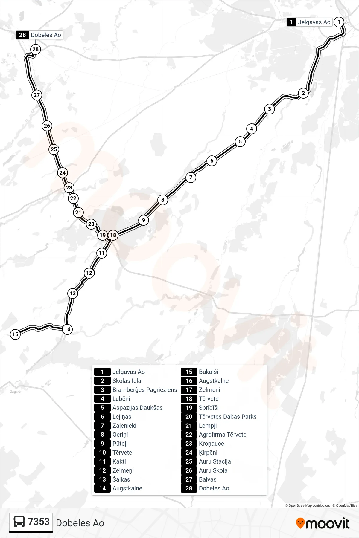 7353 bus Line (Dobeles Ao) route and stops on a map