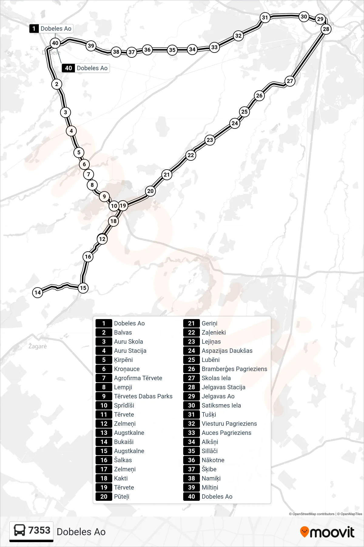 7353 bus Line (Dobeles Ao) route and stops on a map