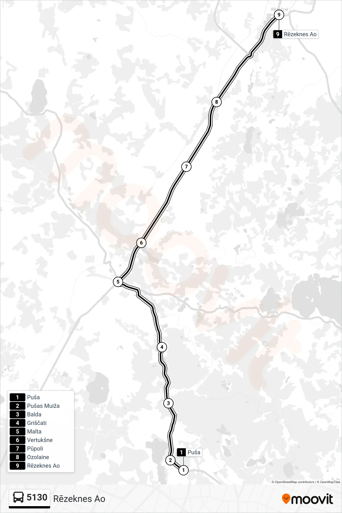 5130 bus Line (Rēzeknes Ao) route and stops on a map