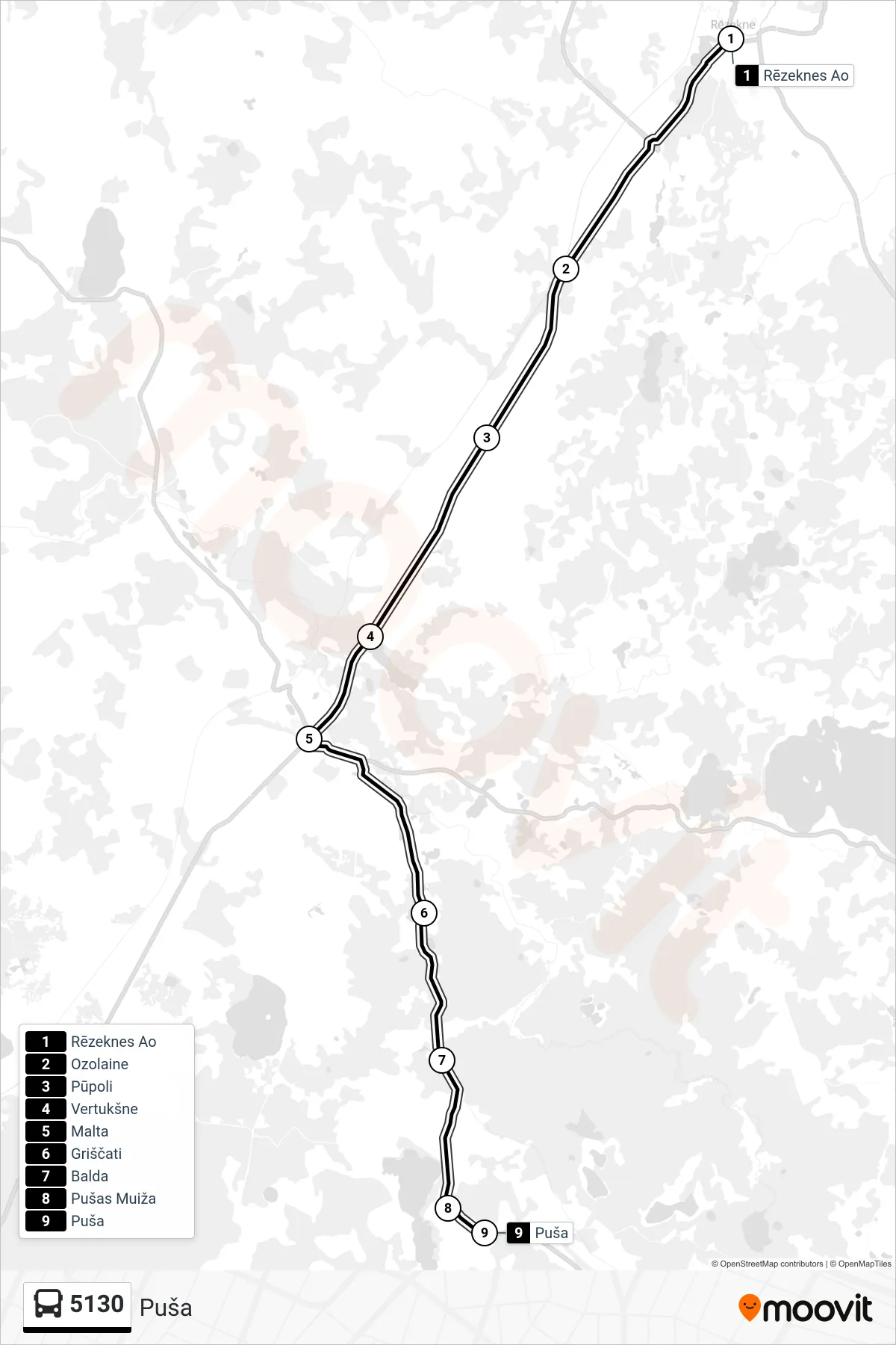 5130 bus Line (Puša) route and stops on a map