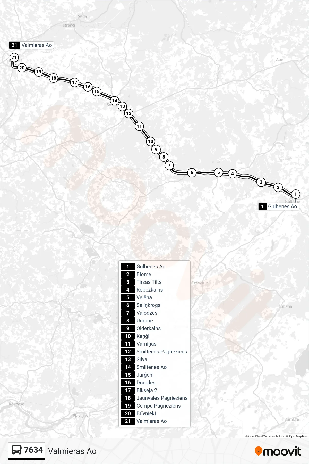 7634 bus Line (Valmieras Ao) route and stops on a map
