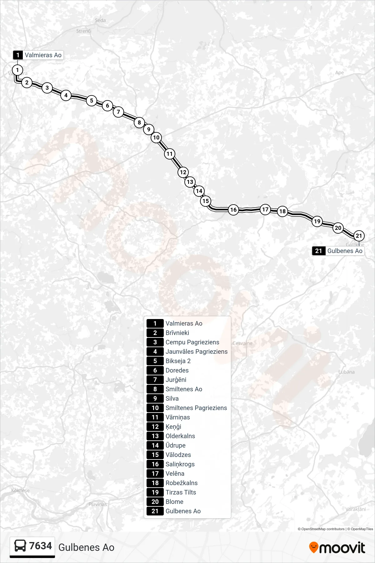 7634 bus Line (Gulbenes Ao) route and stops on a map