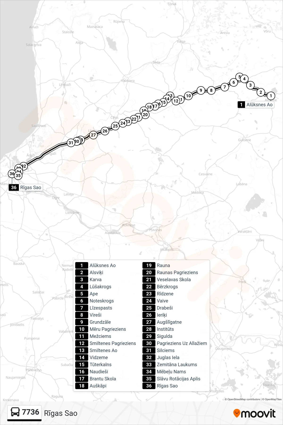 7736 bus Line (Rīgas Sao) route and stops on a map