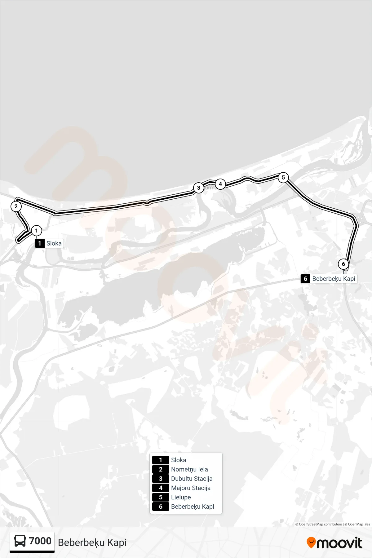 7000 bus Line (Beberbeķu Kapi) route and stops on a map