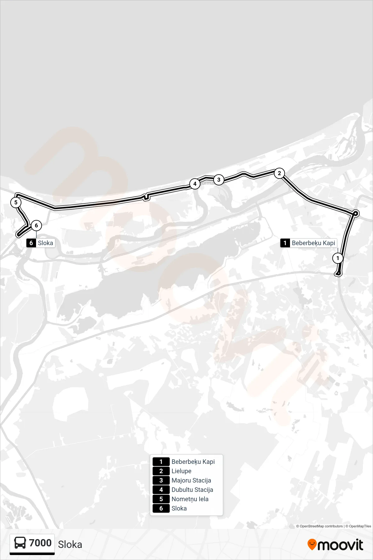 7000 bus Line (Sloka) route and stops on a map