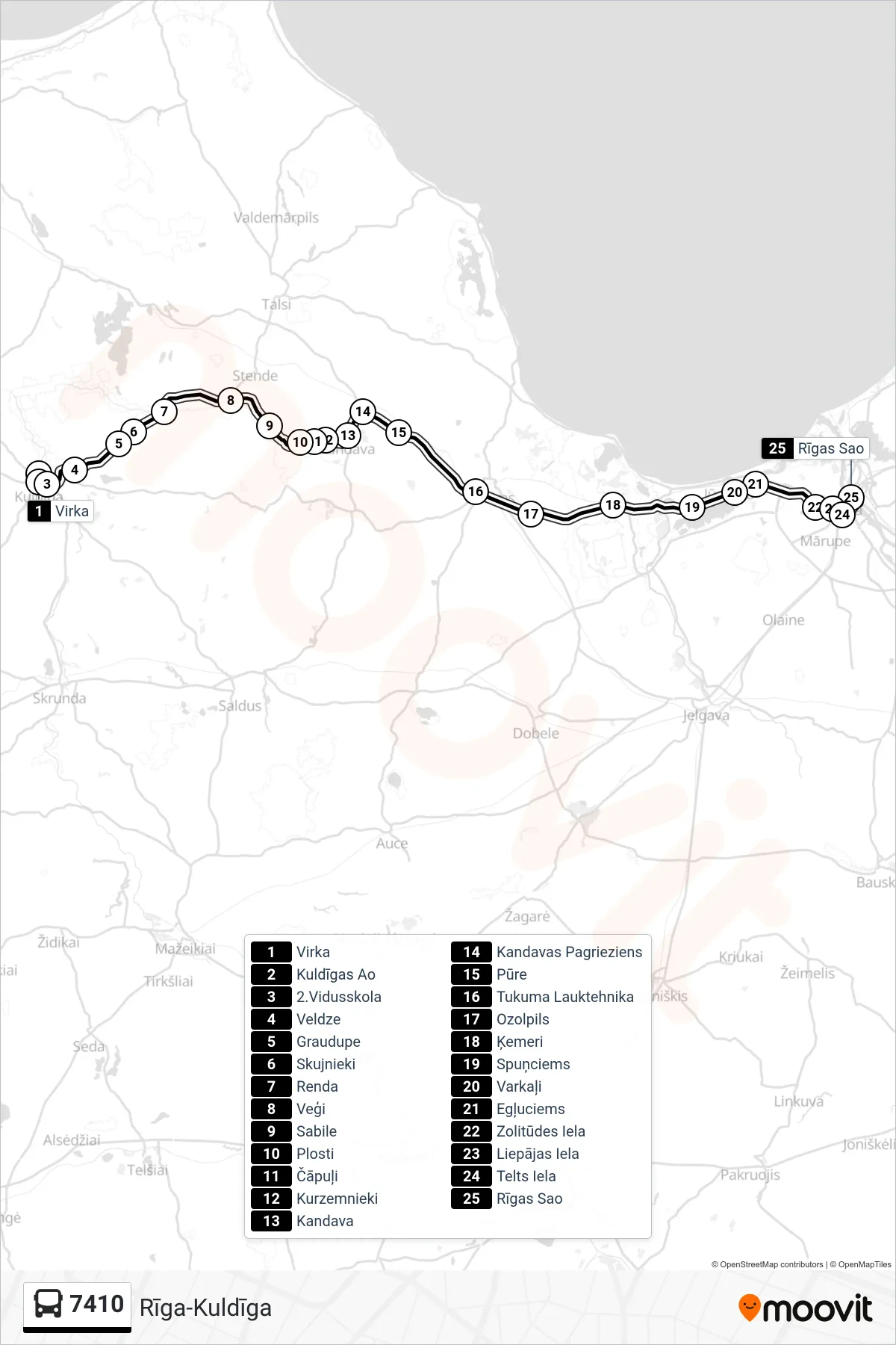 7410 bus Line (Rīgas Sao) route and stops on a map