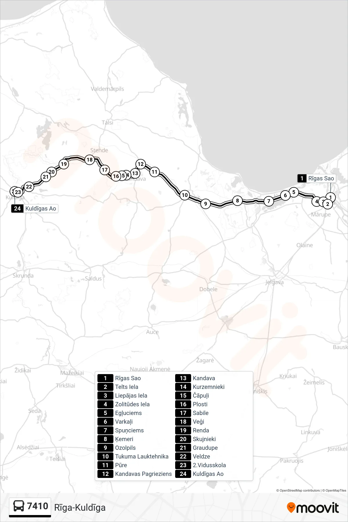 7410 bus Line (Kuldīgas Ao) route and stops on a map