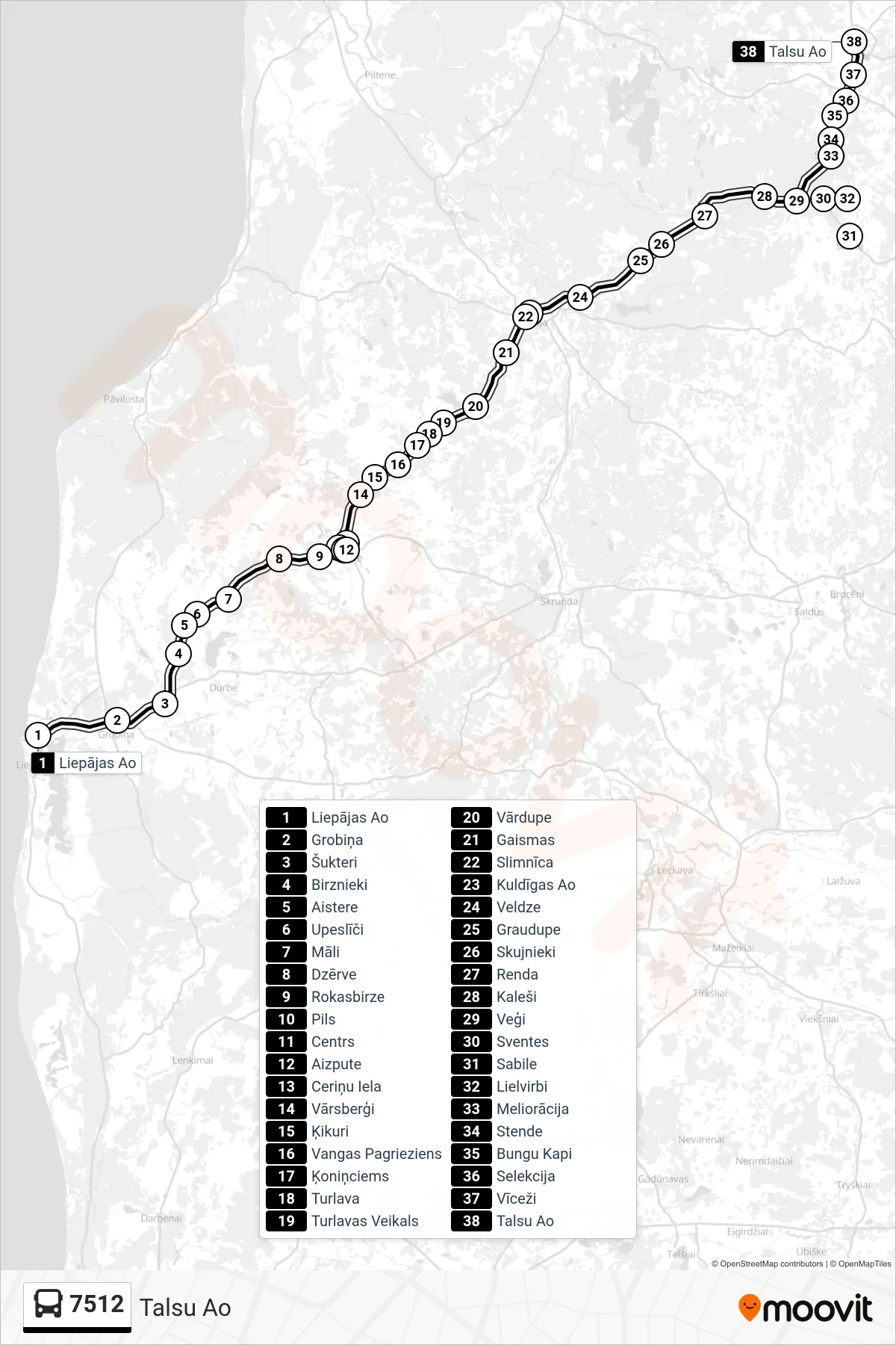 7512 bus Line (Talsu Ao) route and stops on a map