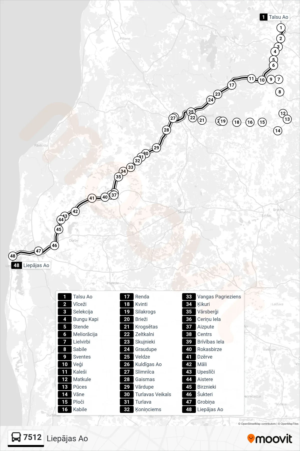 7512 bus Line (Liepājas Ao) route and stops on a map