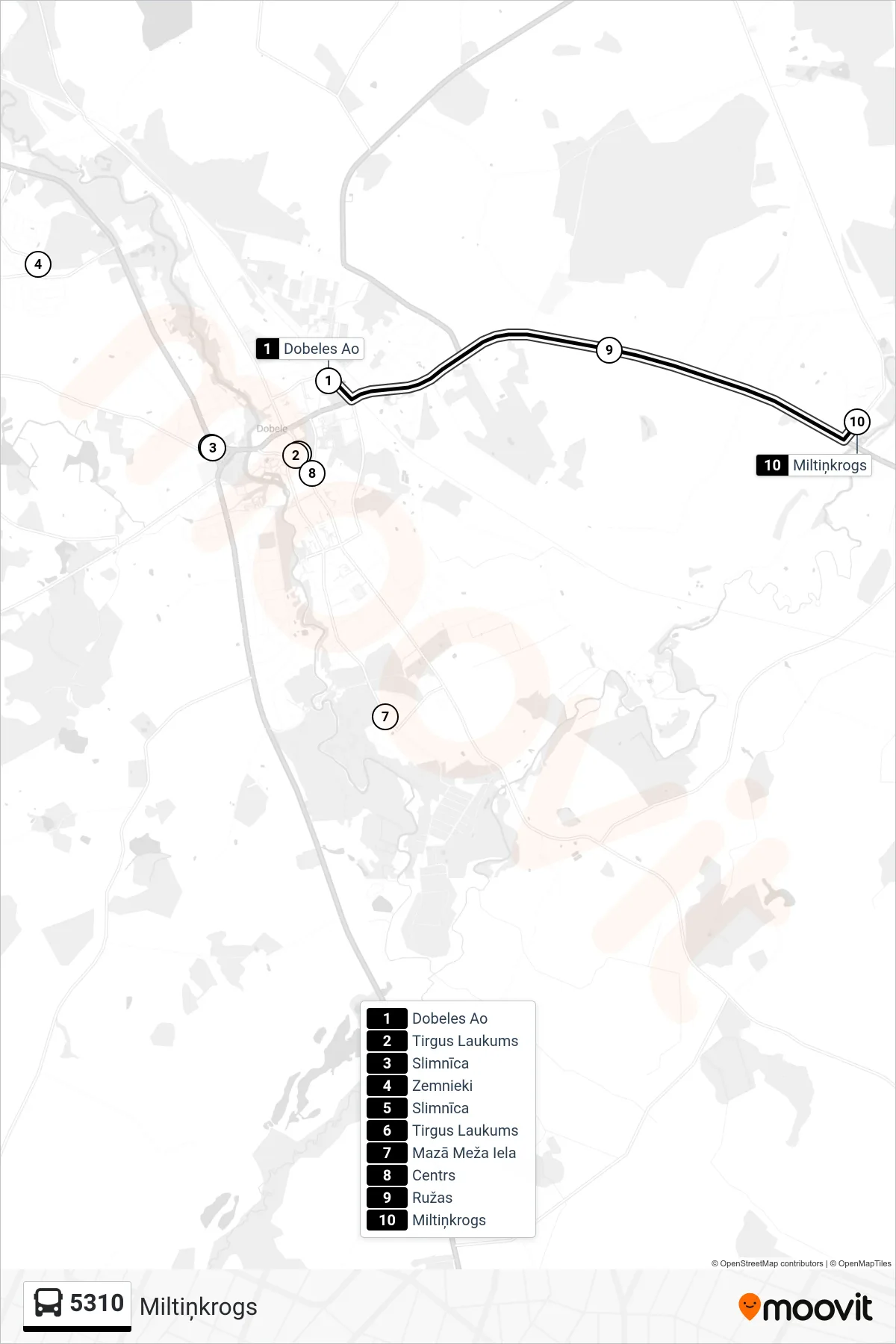 5310 bus Line (Miltiņkrogs) route and stops on a map