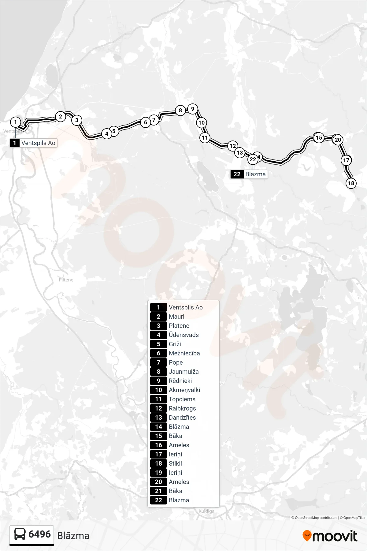 6496 bus Line (Blāzma) route and stops on a map
