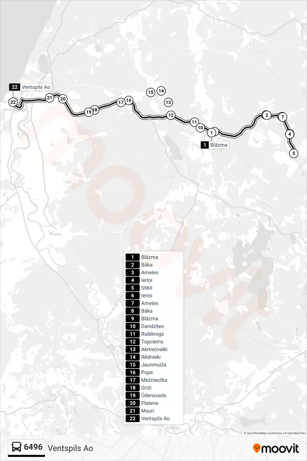 6496 bus Line (Ventspils Ao) route and stops on a map