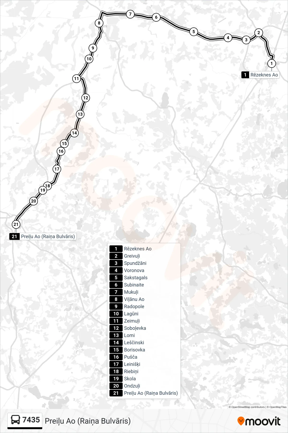 7435 bus Line (Preiļu Ao (Raiņa Bulvāris)) route and stops on a map