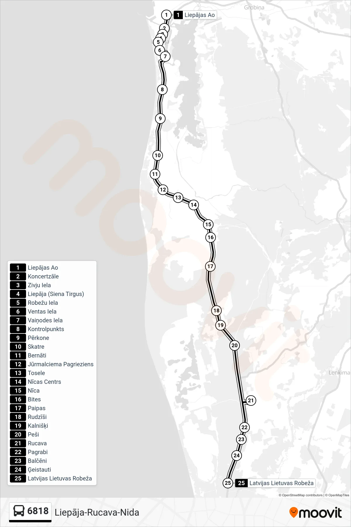 6818 bus Line (Latvijas Lietuvas Robeža) route and stops on a map